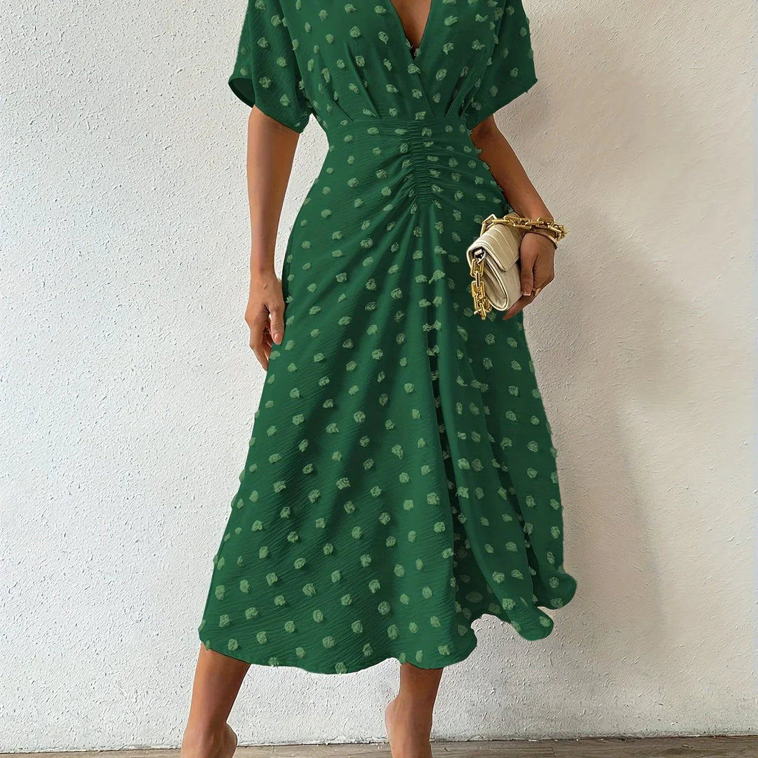 Refined Pleated Midi Dress with Ruffles | Evening Dress-S-Dark green-Nora Luxe