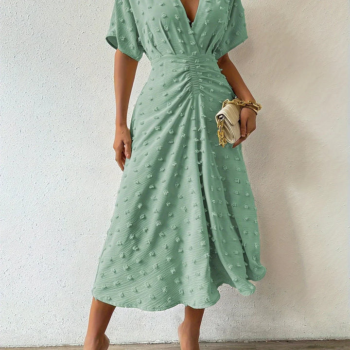 Refined Pleated Midi Dress with Ruffles | Evening Dress-S-Light green-Nora Luxe