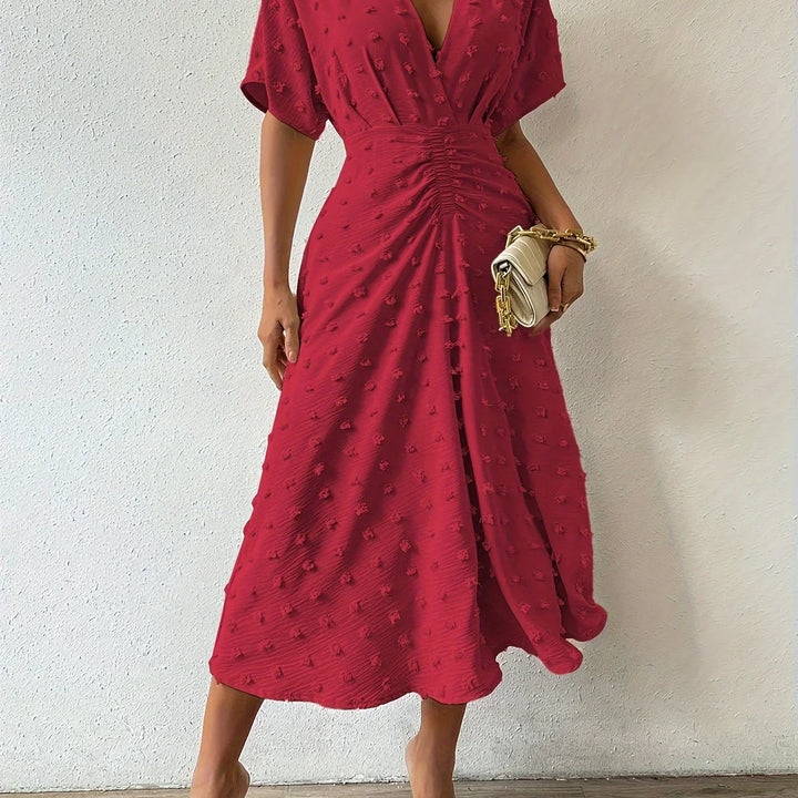 Refined Pleated Midi Dress with Ruffles | Evening Dress-S-Red-Nora Luxe