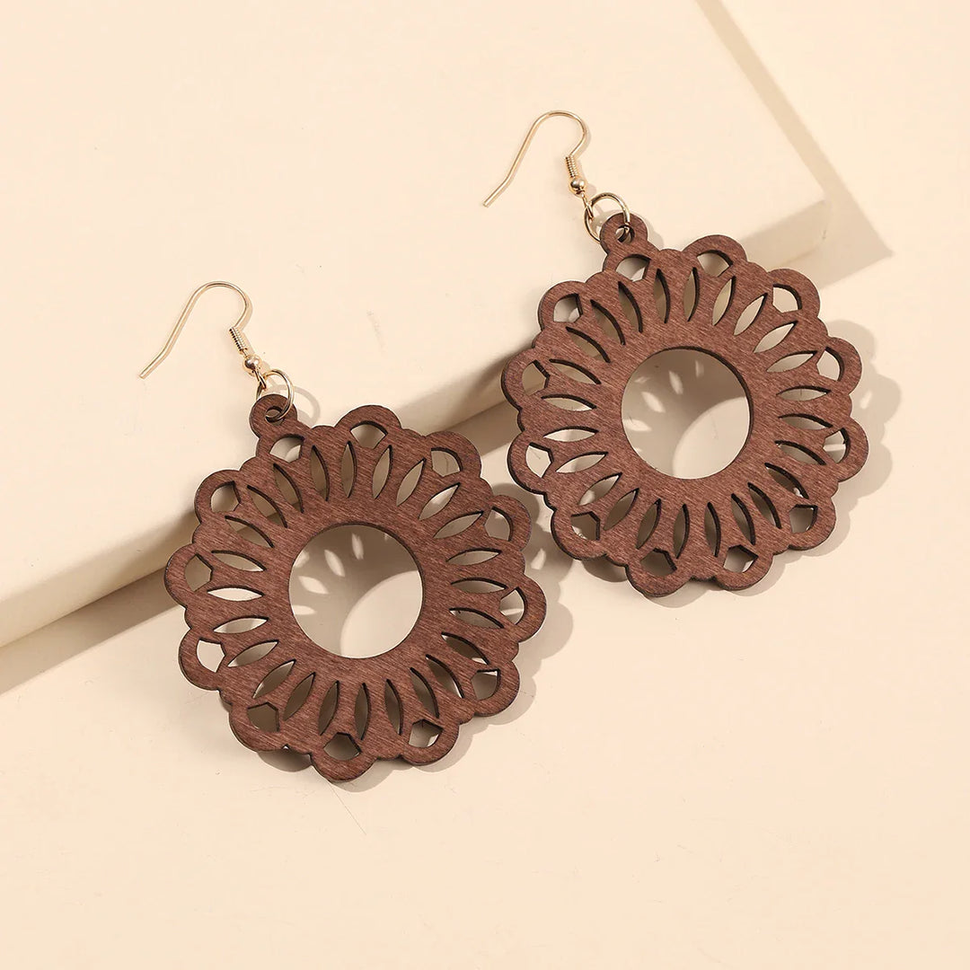 Retro Carved Wooden Earrings | Unique Handmade Jewellery-FLOWER 1-Nora Luxe