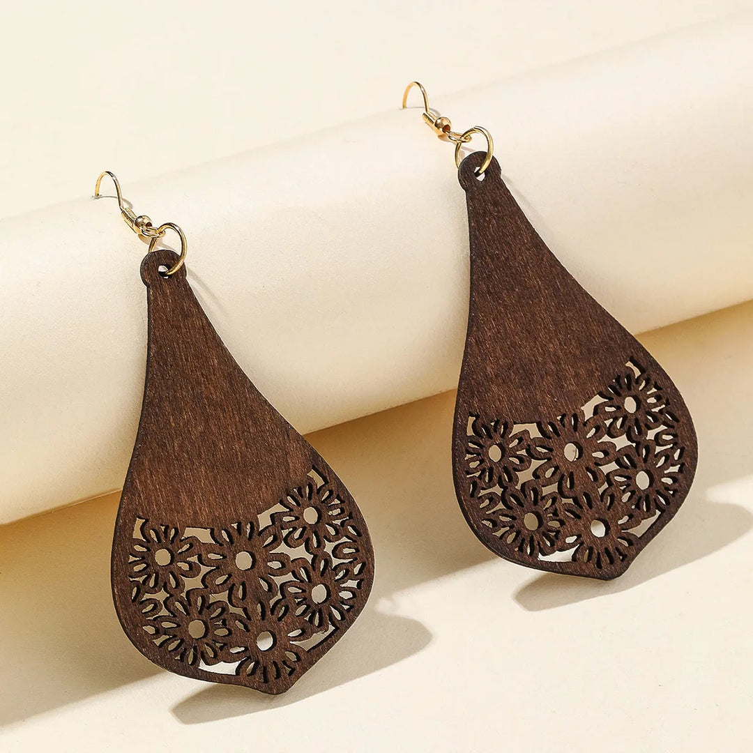 Retro Carved Wooden Earrings | Unique Handmade Jewellery-FLOWER 2-Nora Luxe