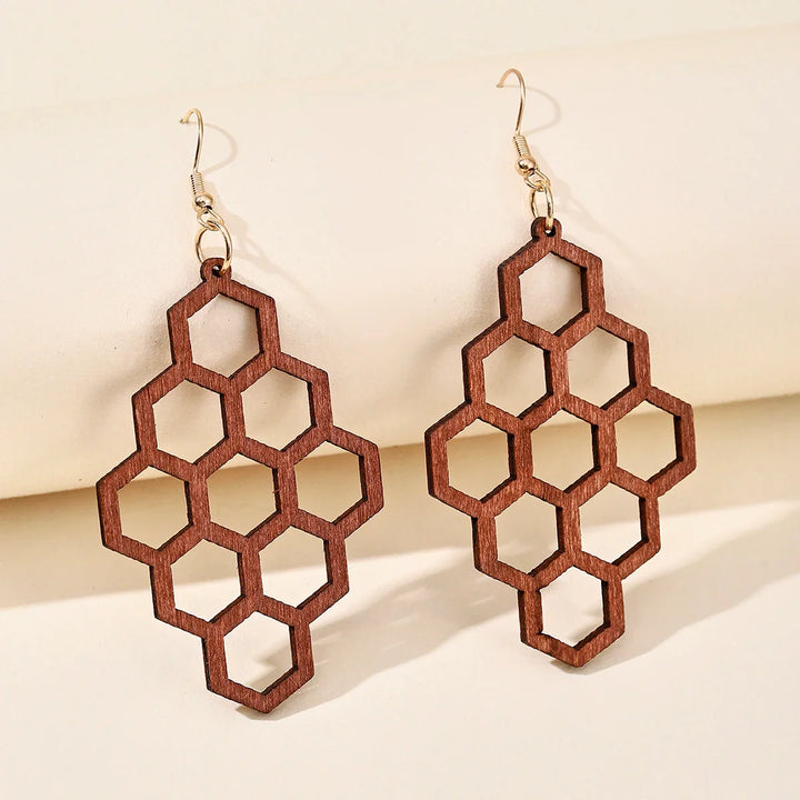 Retro Carved Wooden Earrings | Unique Handmade Jewellery-HONEYCOMB-Nora Luxe