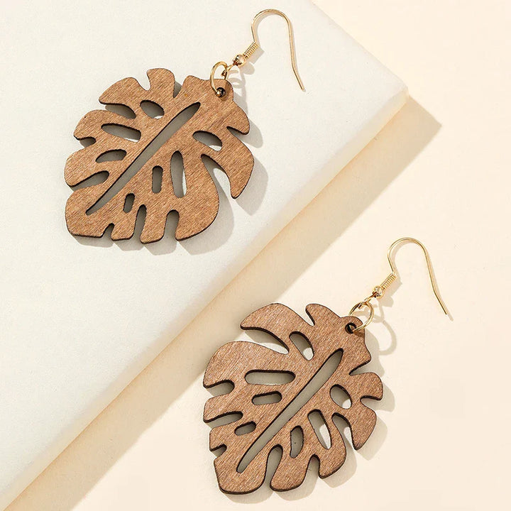 Retro Carved Wooden Earrings | Unique Handmade Jewellery-LEAVES-Nora Luxe