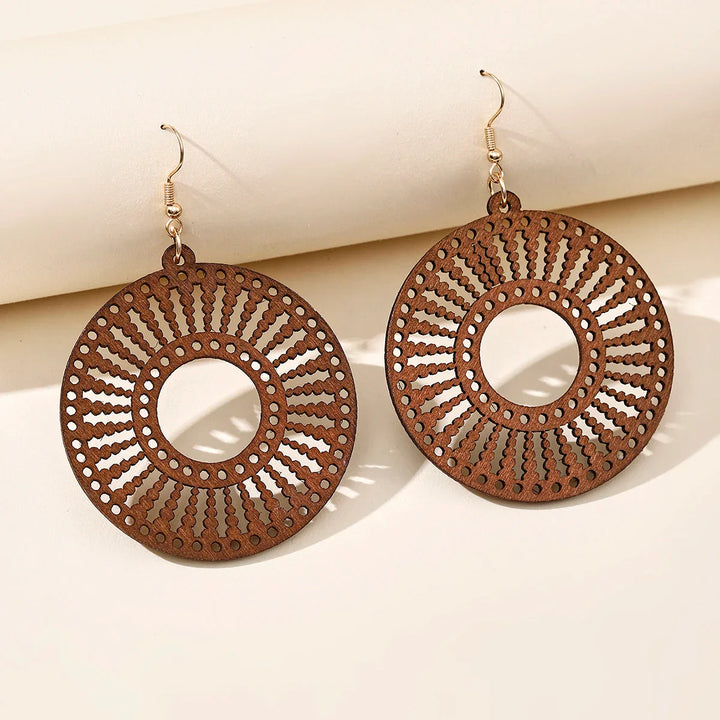 Retro Carved Wooden Earrings | Unique Handmade Jewellery-WHEEL-Nora Luxe
