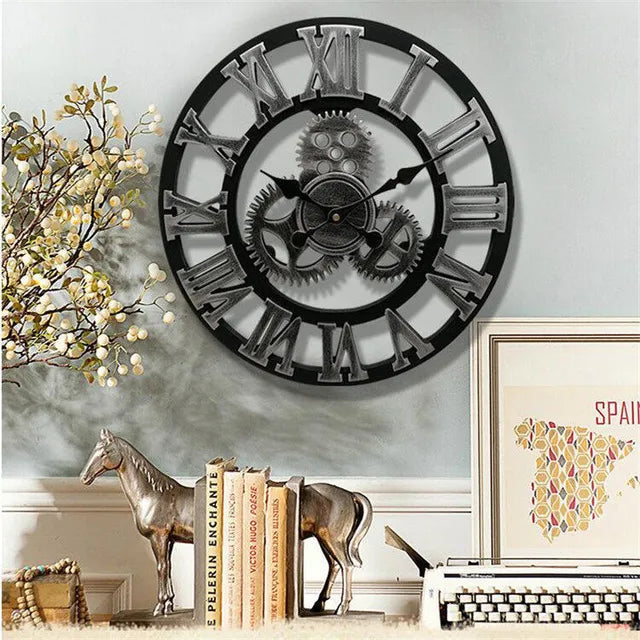 Retro Industrial Wooden Wall Clock – Ironwood-Black-The Livary