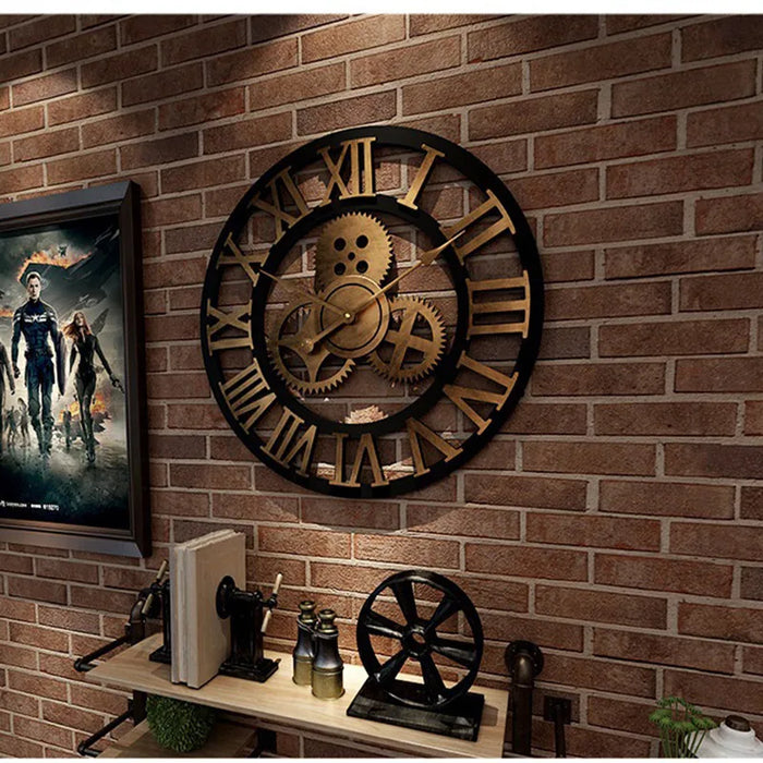 Retro Industrial Wooden Wall Clock – Ironwood-Brown-Black-The Livary