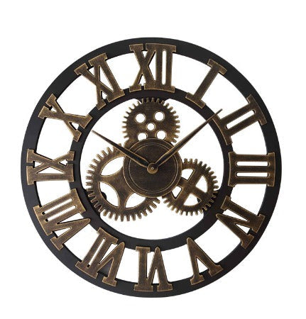 Retro Industrial Wooden Wall Clock – Ironwood-Brown-Black-The Livary