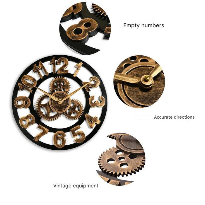 Retro Industrial Wooden Wall Clock – Ironwood-Brown-Black-The Livary