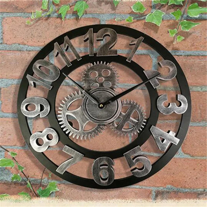 Retro Industrial Wooden Wall Clock – Ironwood-Silver-Black-The Livary