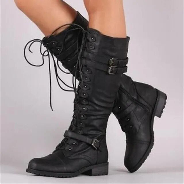 Retro Ladies Lace-up Boots with Buckle - Bella-Black-4.0-Nora Luxe