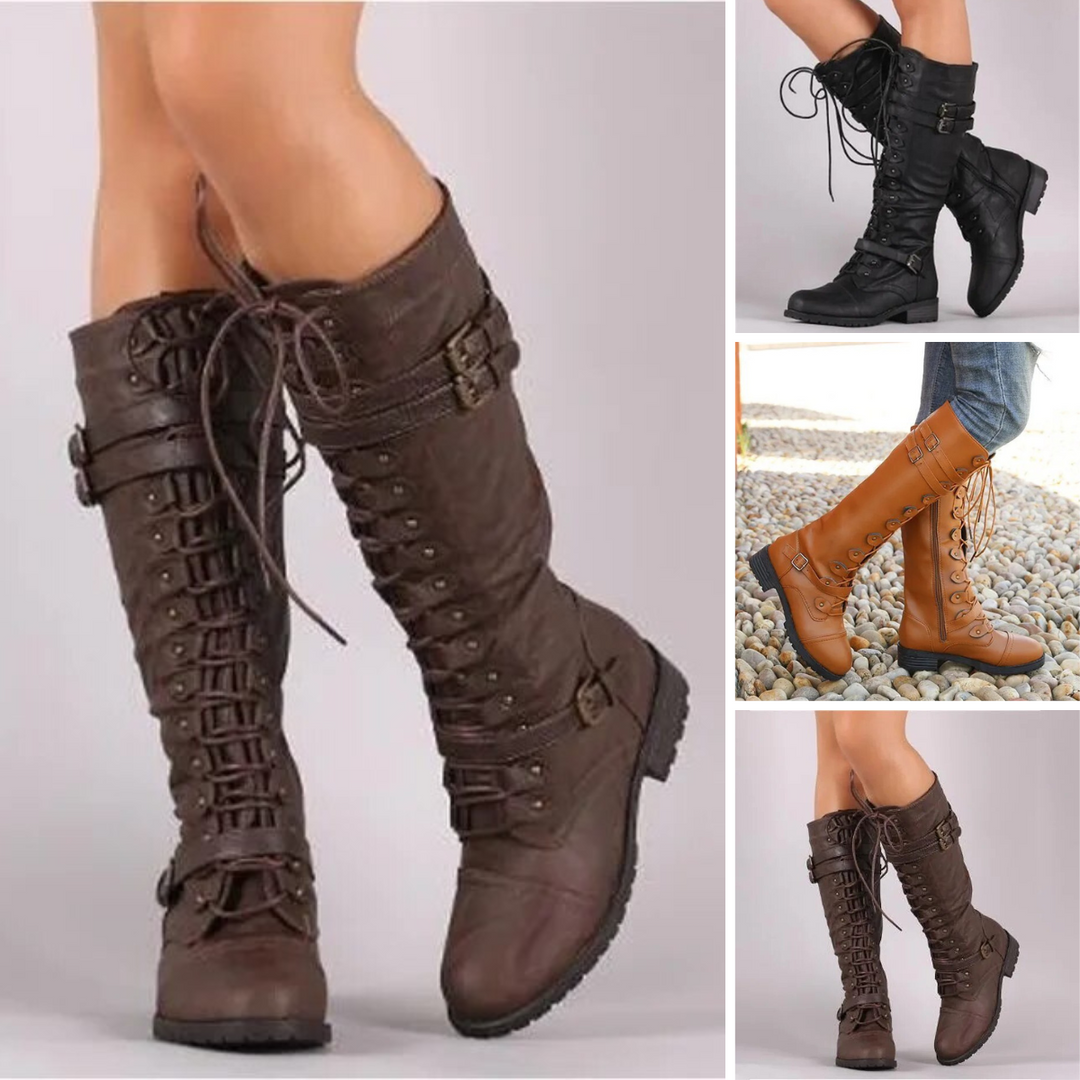 Retro Ladies Lace-up Boots with Buckle - Bella-Black-4.0-Nora Luxe