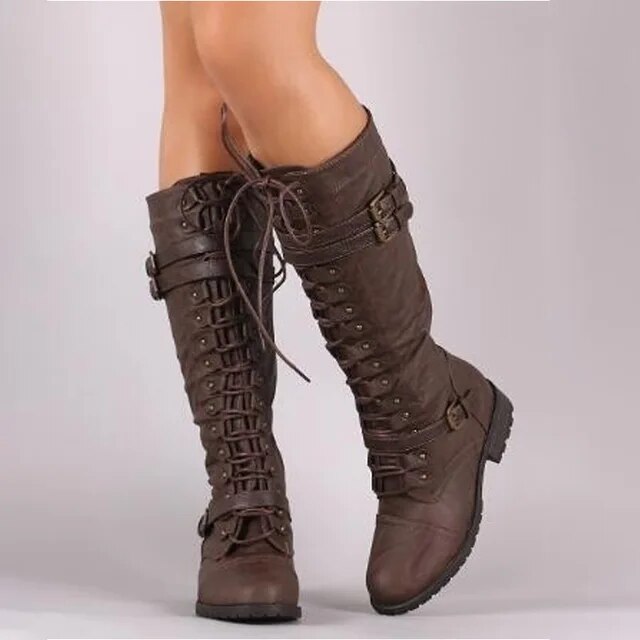Retro Ladies Lace-up Boots with Buckle - Bella-Brown-4.0-Nora Luxe