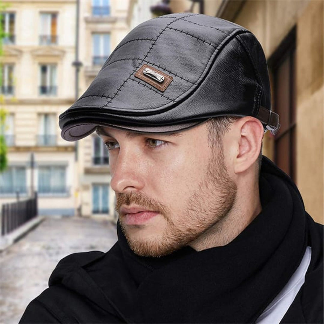 Retro Men's Leather Beret - HeritageCap-Black-Nora Luxe