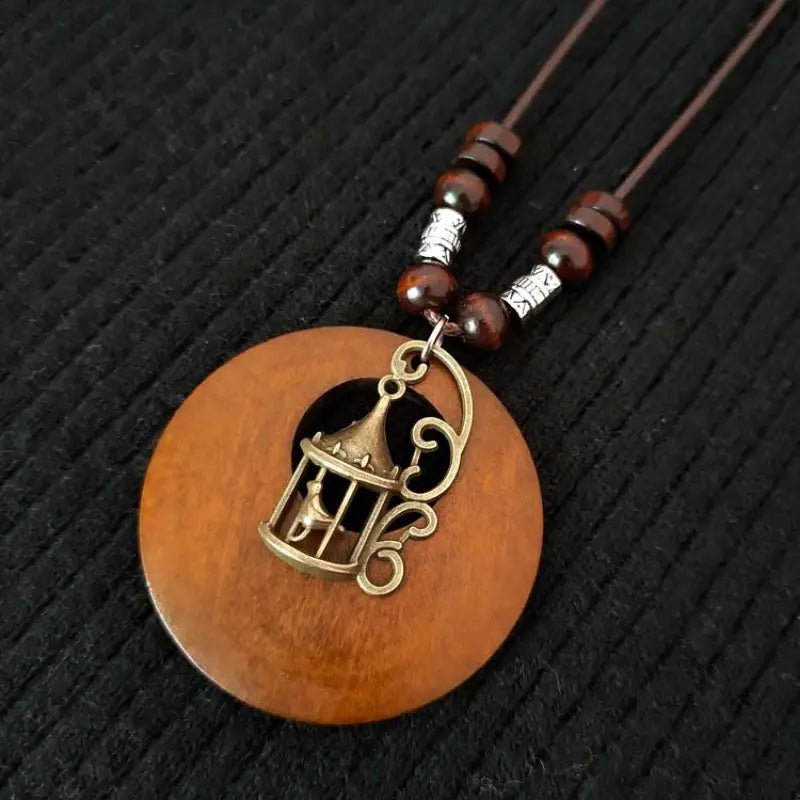 Retro Round Wooden Necklace | Unique Boho Style Jewellery-BIRD-Nora Luxe