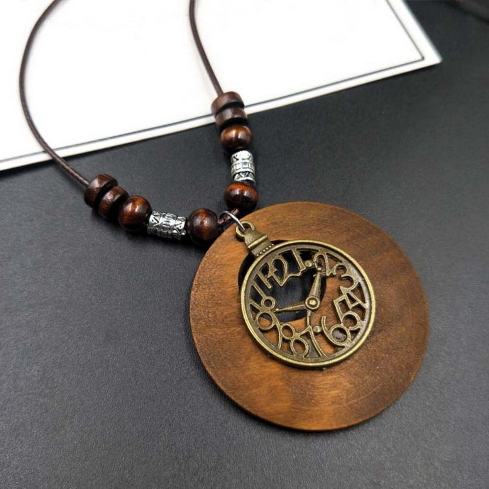Retro Round Wooden Necklace | Unique Boho Style Jewellery-CLOCK-Nora Luxe