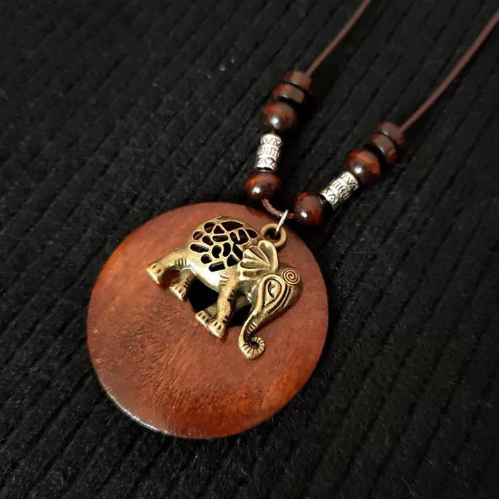 Retro Round Wooden Necklace | Unique Boho Style Jewellery-ELEPHANT-Nora Luxe