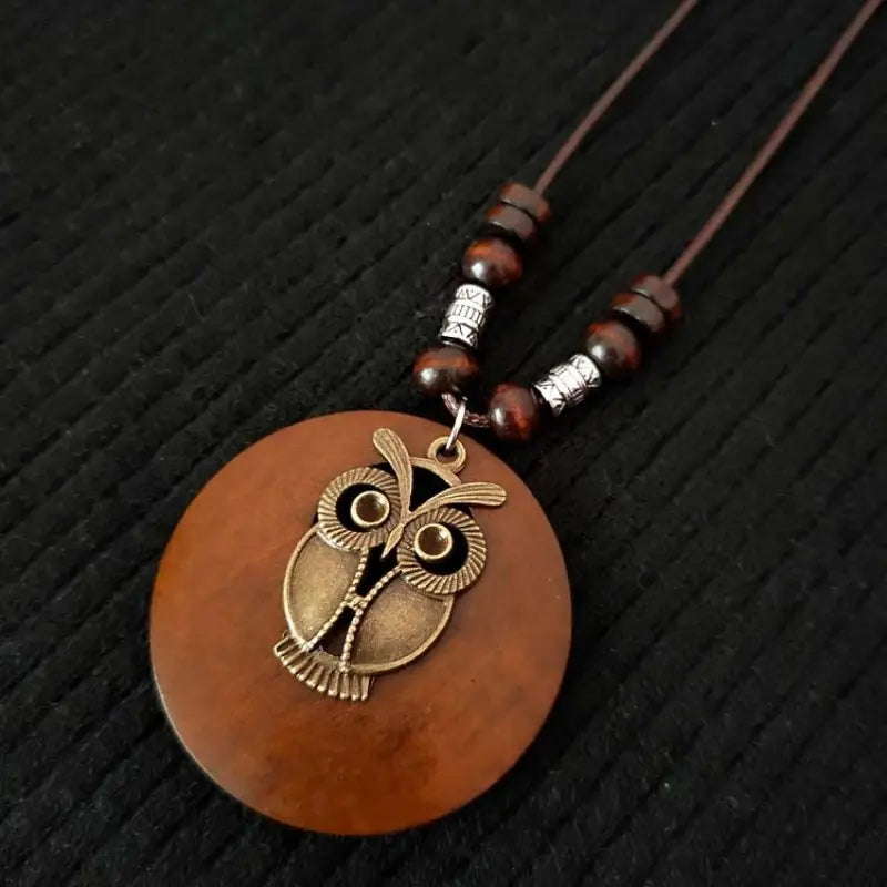 Retro Round Wooden Necklace | Unique Boho Style Jewellery-OWL-Nora Luxe