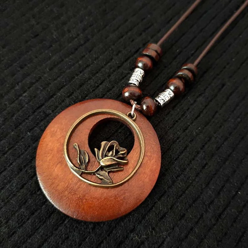 Retro Round Wooden Necklace | Unique Boho Style Jewellery-ROSE-Nora Luxe