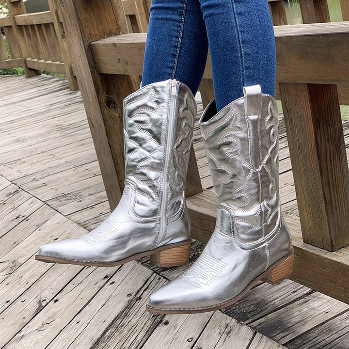 Retro Western Cowboy Ladies Boots - Daisy-Silver-4.0-Nora Luxe
