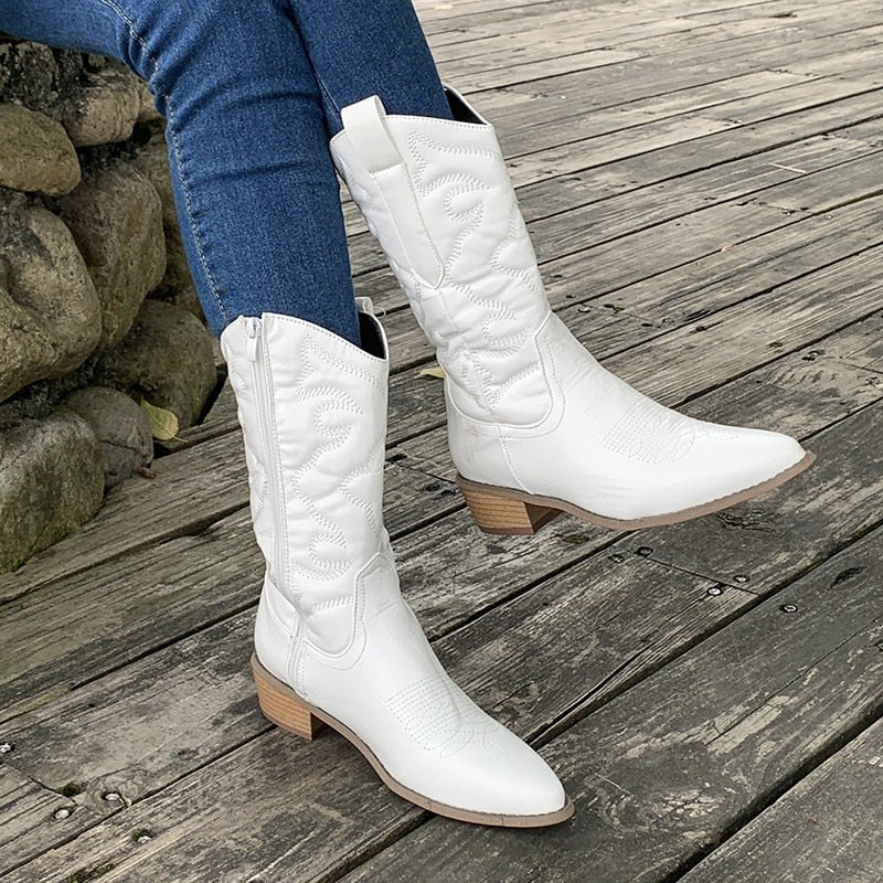 Retro Western Cowboy Ladies Boots - Daisy-White-4.0-Nora Luxe