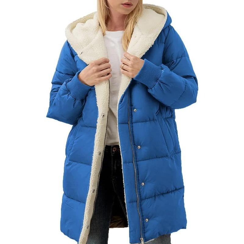 Reversible Cotton Women's Winter Coat with Hood - Nina-Blue-S-Nora Luxe