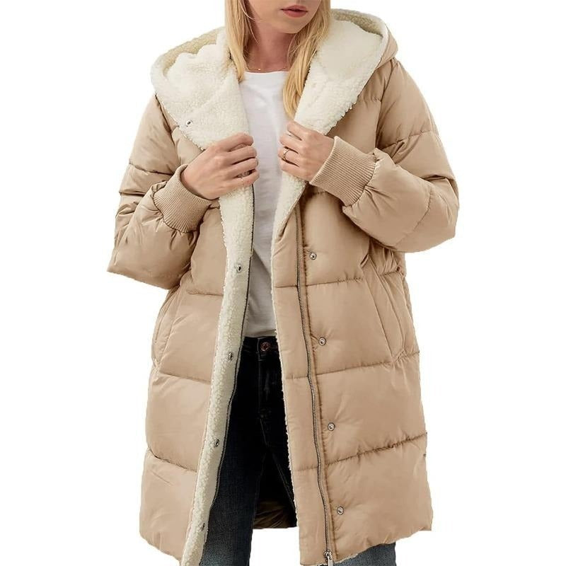 Reversible Cotton Women's Winter Coat with Hood - Nina-Khaki-S-Nora Luxe