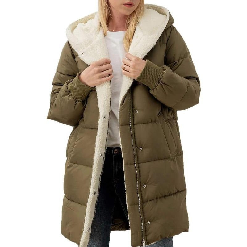 Reversible Cotton Women's Winter Coat with Hood - Nina-Olive green-S-Nora Luxe