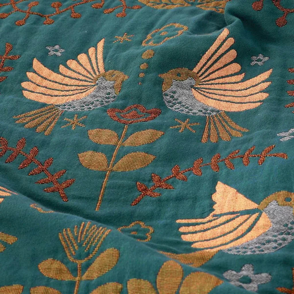 Reversible Scandinavian Bird Blanket - NordicNest-Turquoise-Beige-Full 90.55 × 98.43 in-Nora Luxe