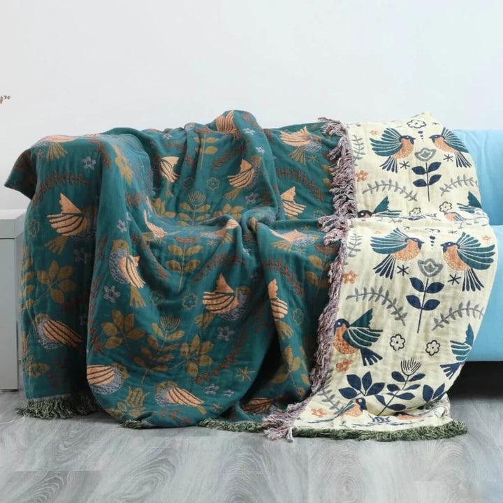 Reversible Scandinavian Bird Blanket - NordicNest-Turquoise-Beige-Full 90.55 × 98.43 in-Nora Luxe