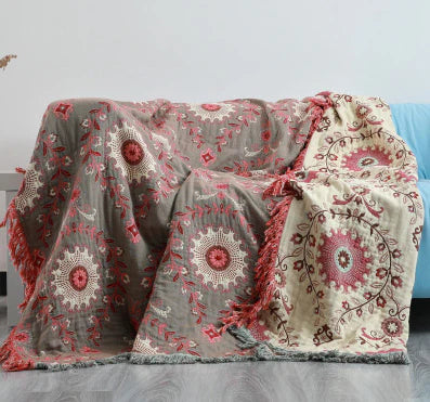 Reversible Scandinavian Bird Blanket - NordicNest-Turquoise-Beige-Full 90.55 × 98.43 in-Nora Luxe