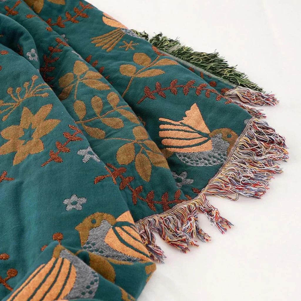 Reversible Scandinavian Bird Blanket - NordicNest-Turquoise-Beige-Full 90.55 × 98.43 in-Nora Luxe