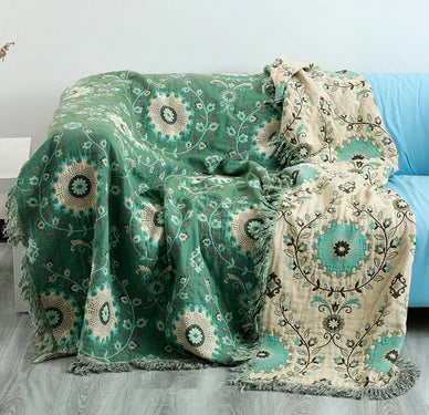 Reversible Scandinavian Bird Blanket - NordicNest-Turquoise-Beige-Full 90.55 × 98.43 in-Nora Luxe