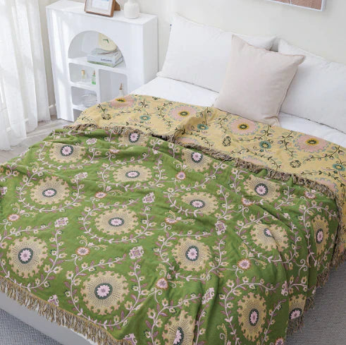 Reversible Scandinavian Bird Blanket - NordicNest-Turquoise-Beige-Full 90.55 × 98.43 in-Nora Luxe