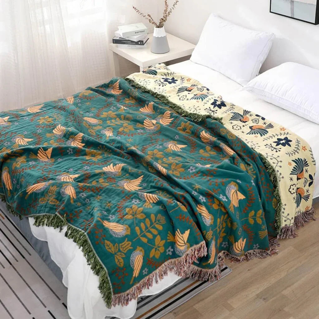 Reversible Scandinavian Bird Blanket - NordicNest-Turquoise-Beige-Full 90.55 × 98.43 in-Nora Luxe