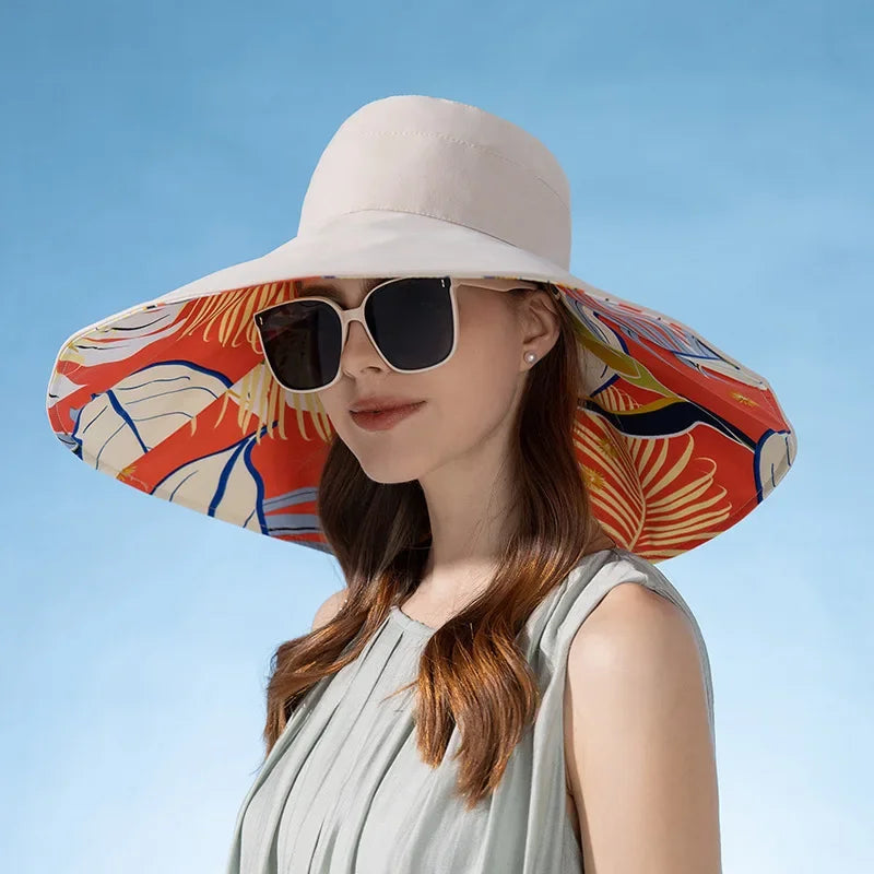 Reversible sun hat made of cotton with a wide brim (22-23 In) – Liora-Beige (double-sided)-Nora Luxe