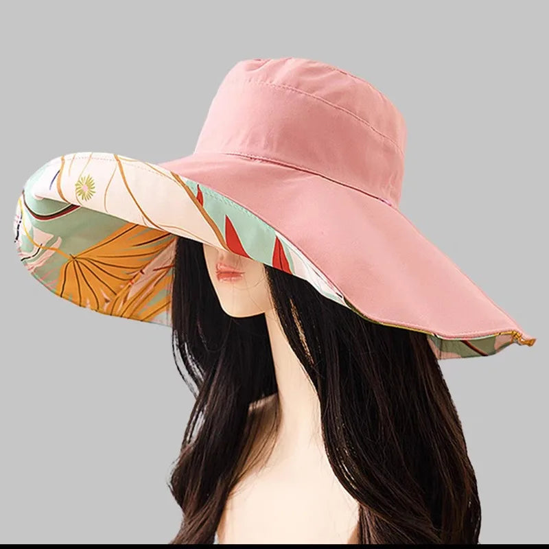 Reversible sun hat made of cotton with a wide brim (22-23 In) – Liora-Pink (double-sided)-Nora Luxe