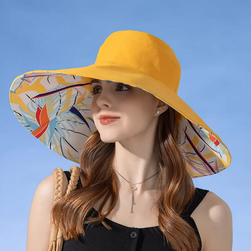 Reversible sun hat made of cotton with a wide brim (22-23 In) – Liora-Yellow (double-sided)-Nora Luxe
