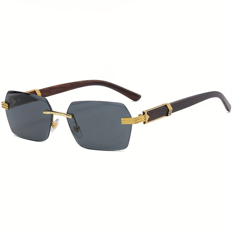 Rimless Sunglasses with Rectangular Lenses and Faux Wood Arms – Verro-Black-State of Style