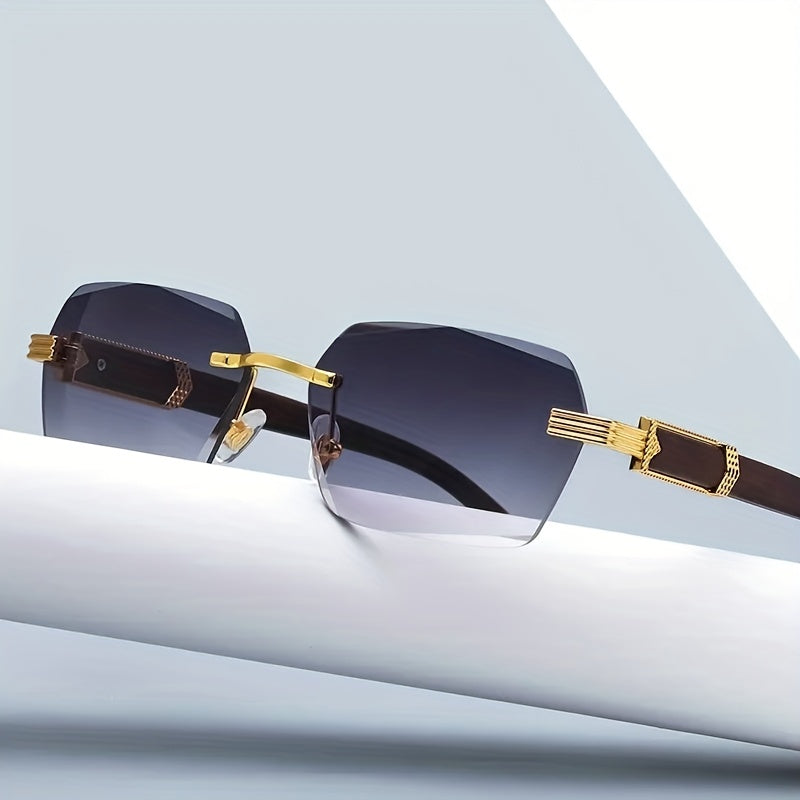 Rimless Sunglasses with Rectangular Lenses and Faux Wood Arms – Verro-Black-State of Style