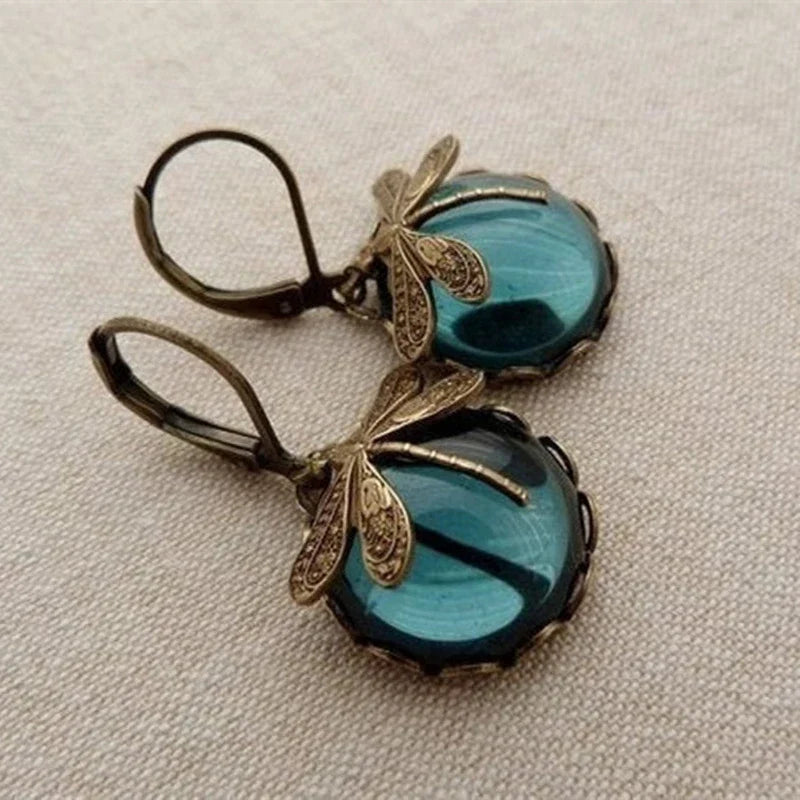 Round Antique Gold Dragonfly Earrings - Elyse-Blue-Nora Luxe