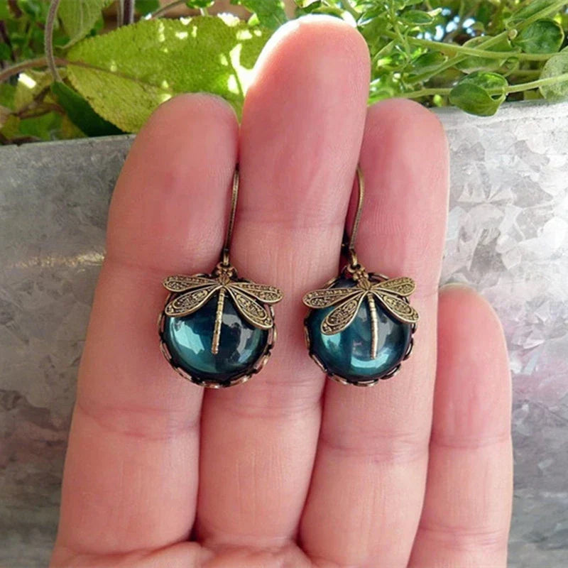 Round Antique Gold Dragonfly Earrings - Elyse-Green-Nora Luxe