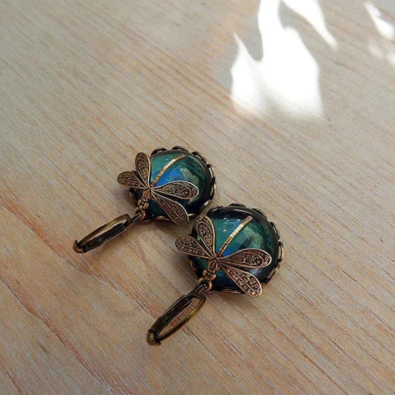 Round Antique Gold Dragonfly Earrings - Elyse-Green-Nora Luxe