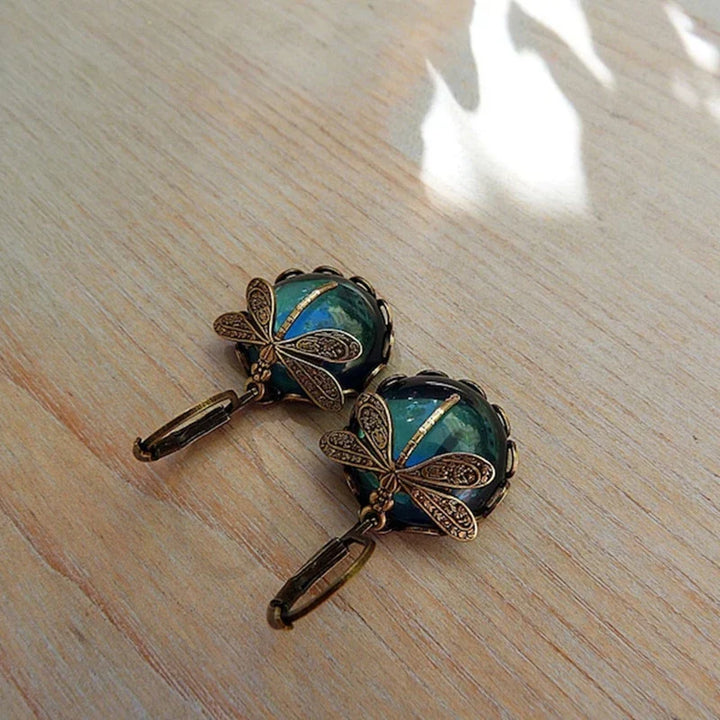 Round Antique Gold Dragonfly Earrings - Elyse-Green-Nora Luxe