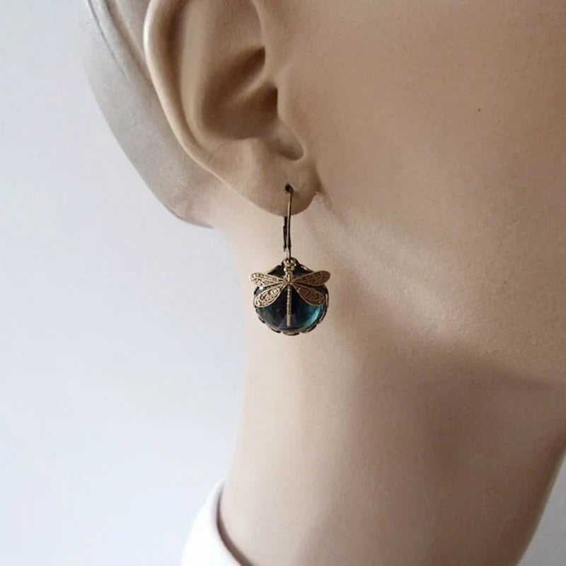 Round Antique Gold Dragonfly Earrings - Elyse-Green-Nora Luxe