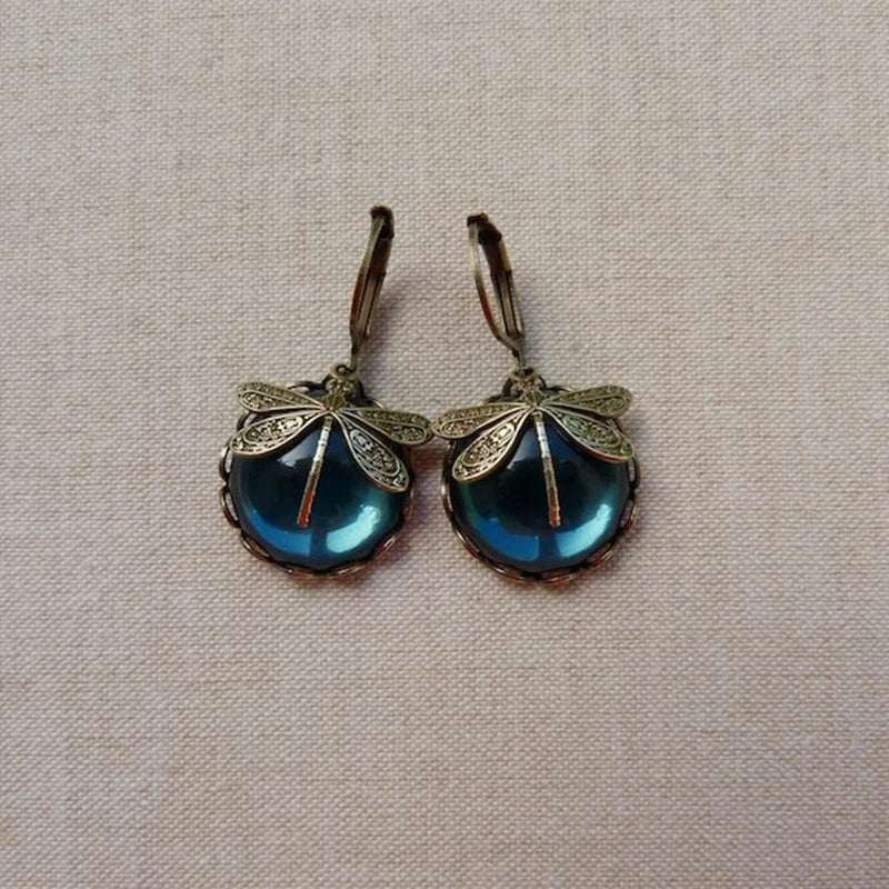 Round Antique Gold Dragonfly Earrings - Elyse-Green-Nora Luxe