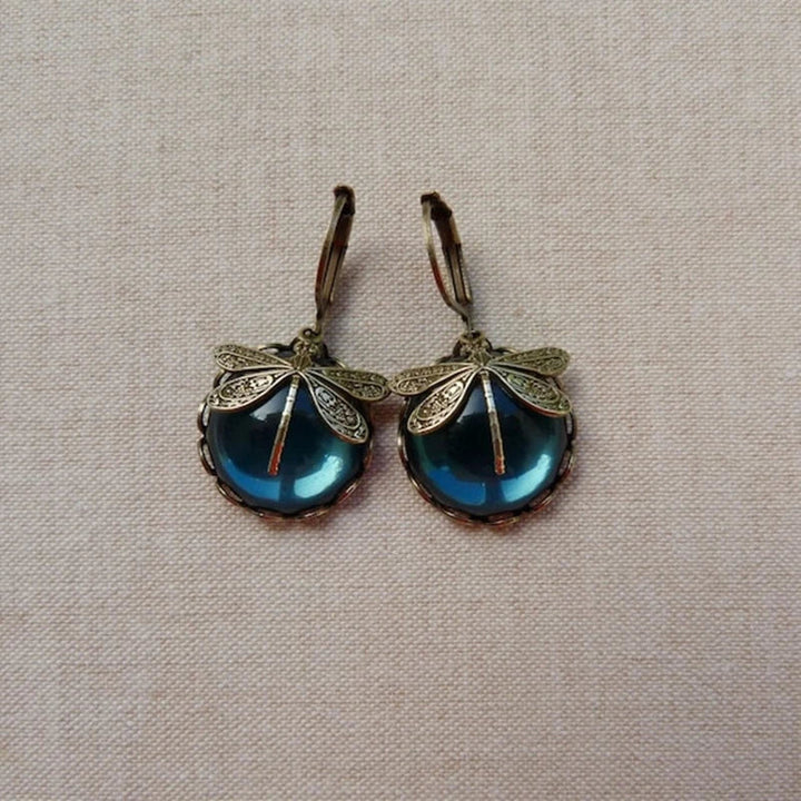 Round Antique Gold Dragonfly Earrings - Elyse-Green-Nora Luxe