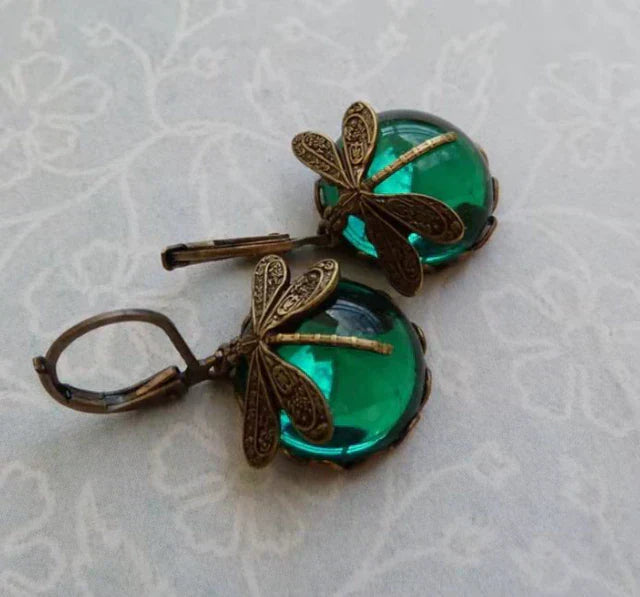Round Antique Gold Dragonfly Earrings - Elyse-Green-Nora Luxe
