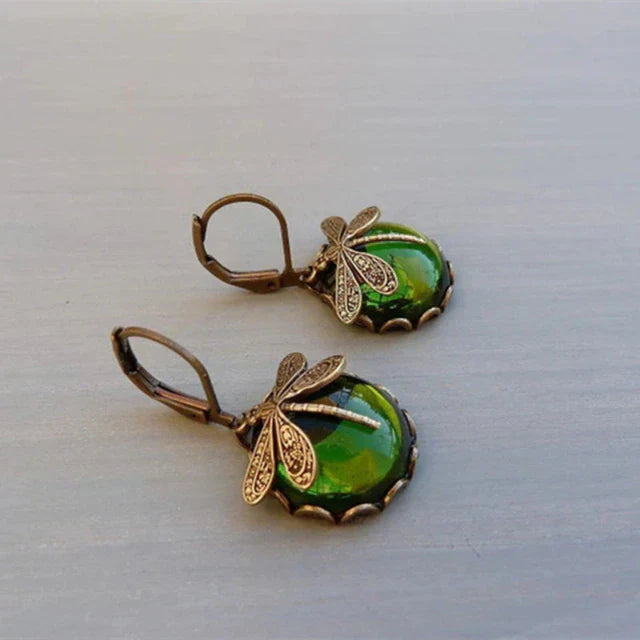 Round Antique Gold Dragonfly Earrings - Elyse-Light green-Nora Luxe