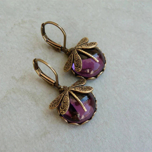 Round Antique Gold Dragonfly Earrings - Elyse-Purple-Nora Luxe