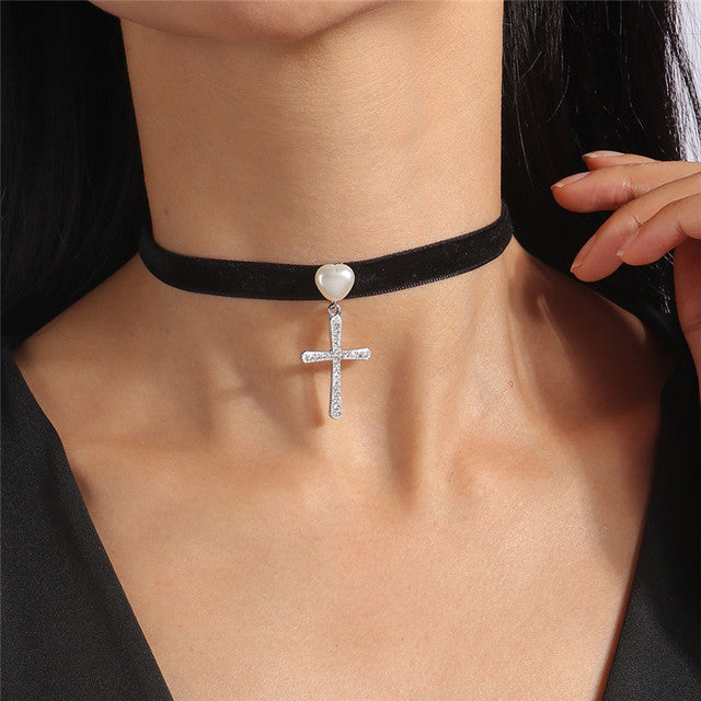 Royal Round Velvet Choker Necklace-Cross-Nora Luxe